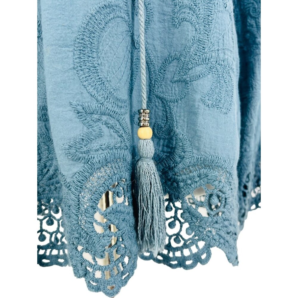 Blue Lace Up Embroidered Crochet Trim Tassel Tunic Top| Coastal Grandma Boho S/M - Picture 7 of 16